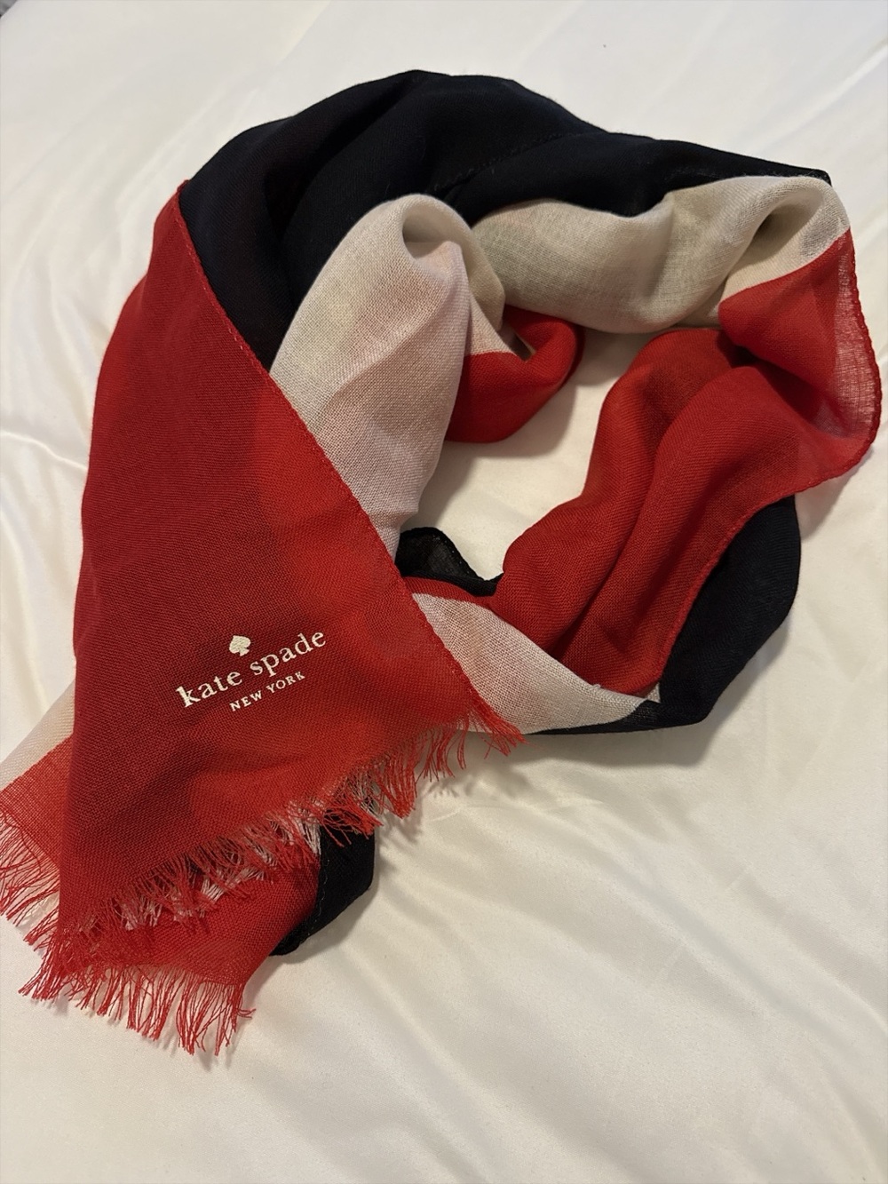 Kate Spade New York Tricolor Colorblock Scarf Wrap Red Black Cream Fringe